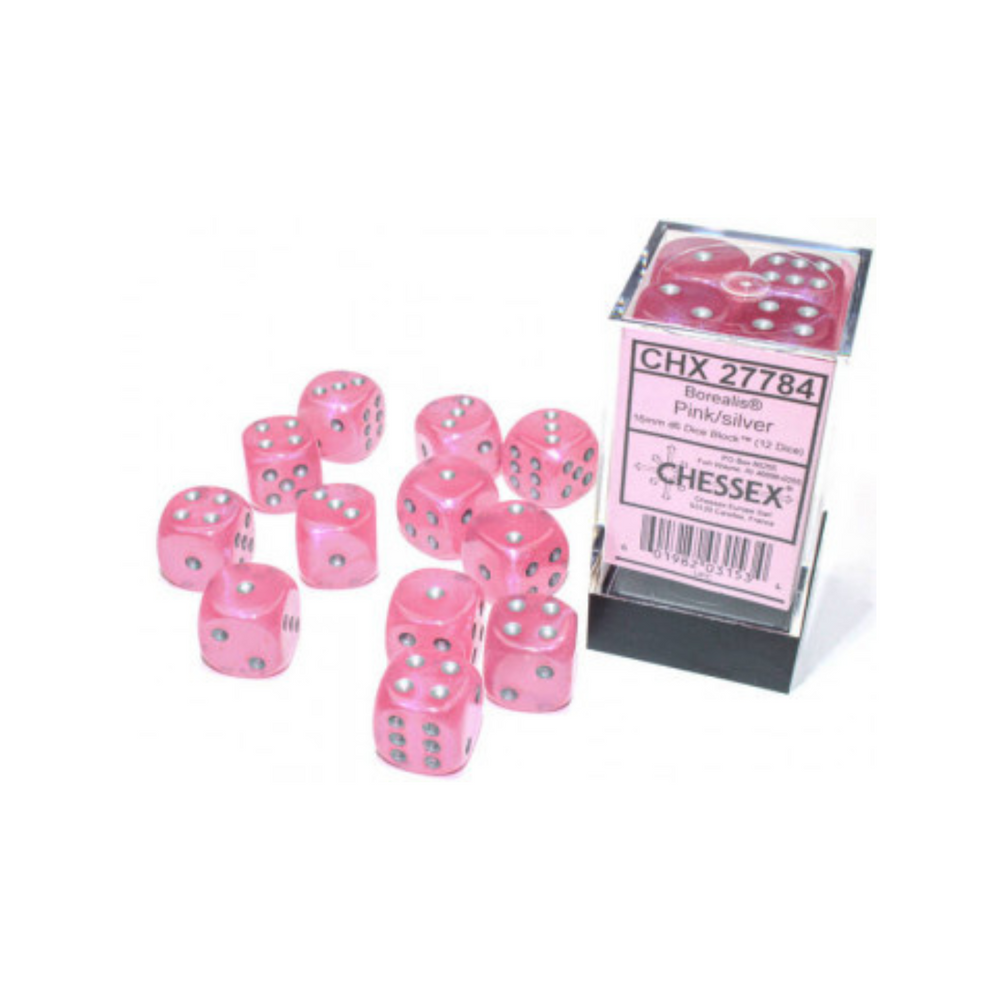 Chessex 16mm D6 Dice Block Borealis Pink/Silver (Luminary Effect)