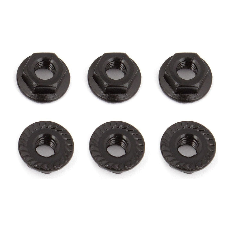 Wheel Nuts, M4, Serrated, flanged, black steel