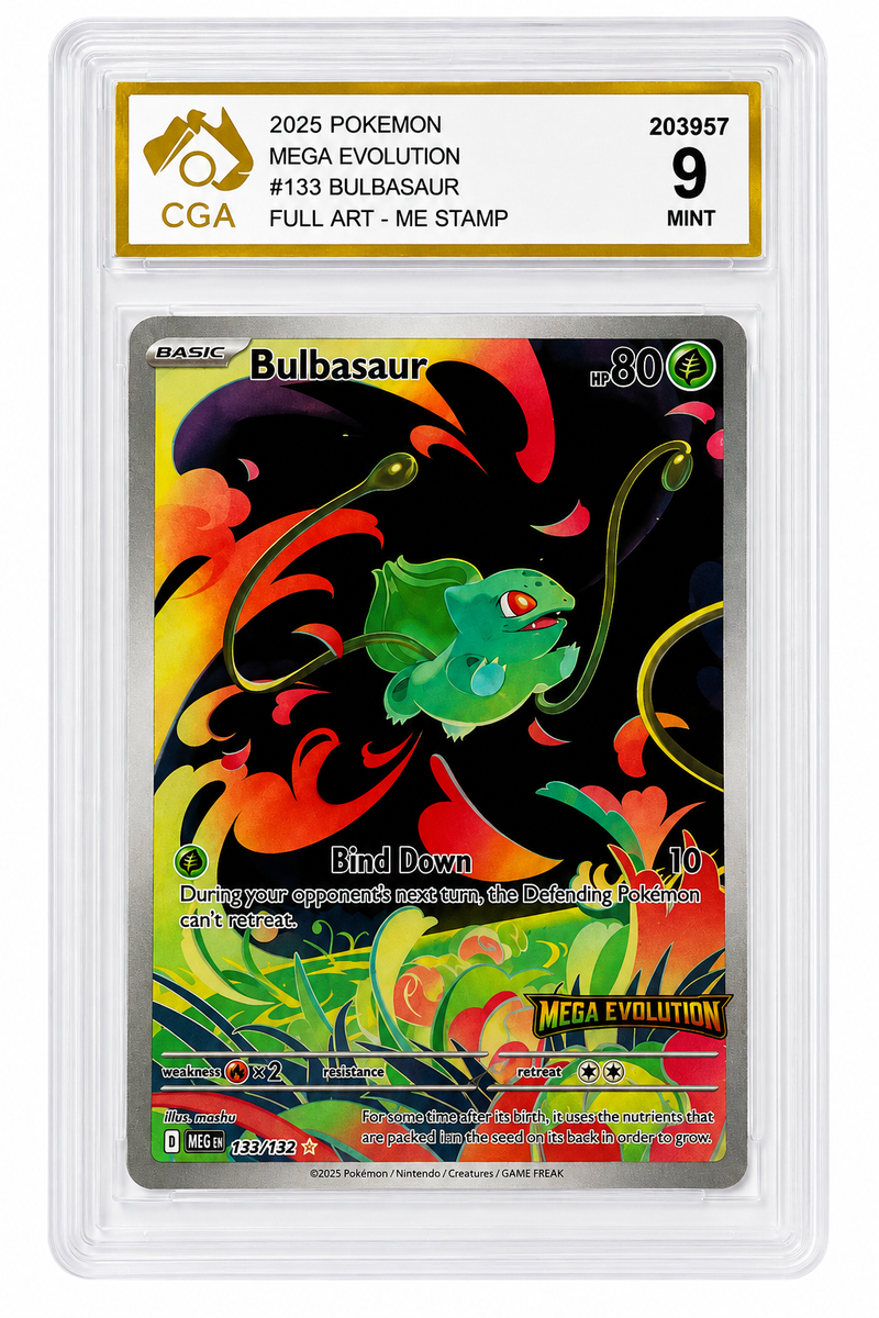 2025 Pokémon Mega Evolution Bulbasaur #133/132 Full Art ME Stamp CGA 9 Mint