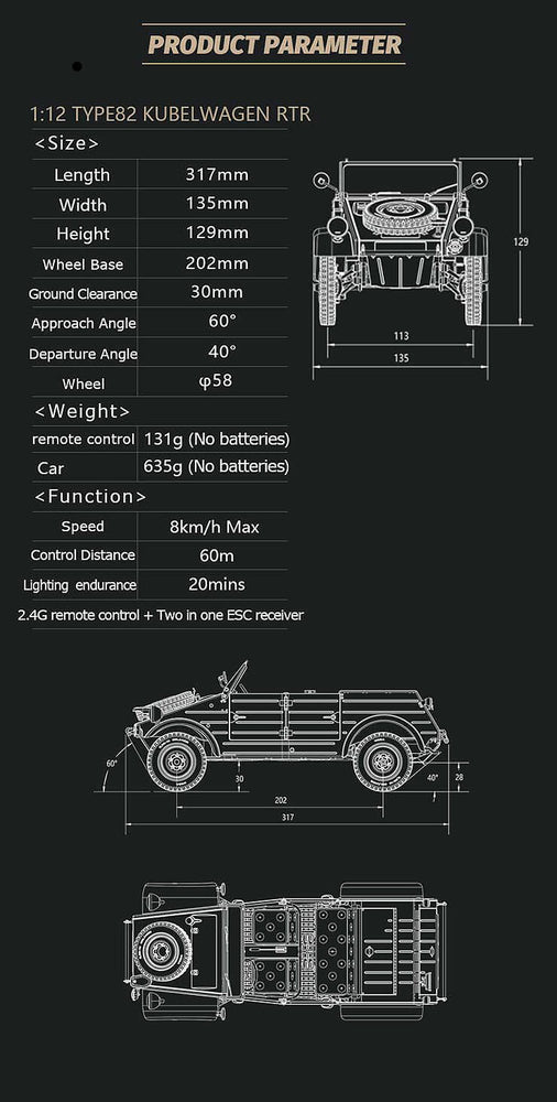 
                  
                    TYPE82 KUBELWAGON 1/12TH SCALER RTR
                  
                